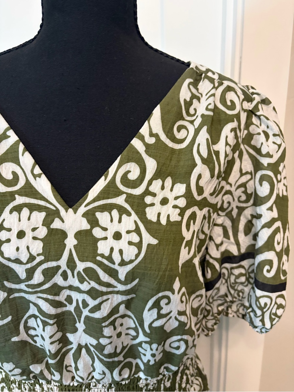 Olive Green Printed V-Neck Women’s Dress size L